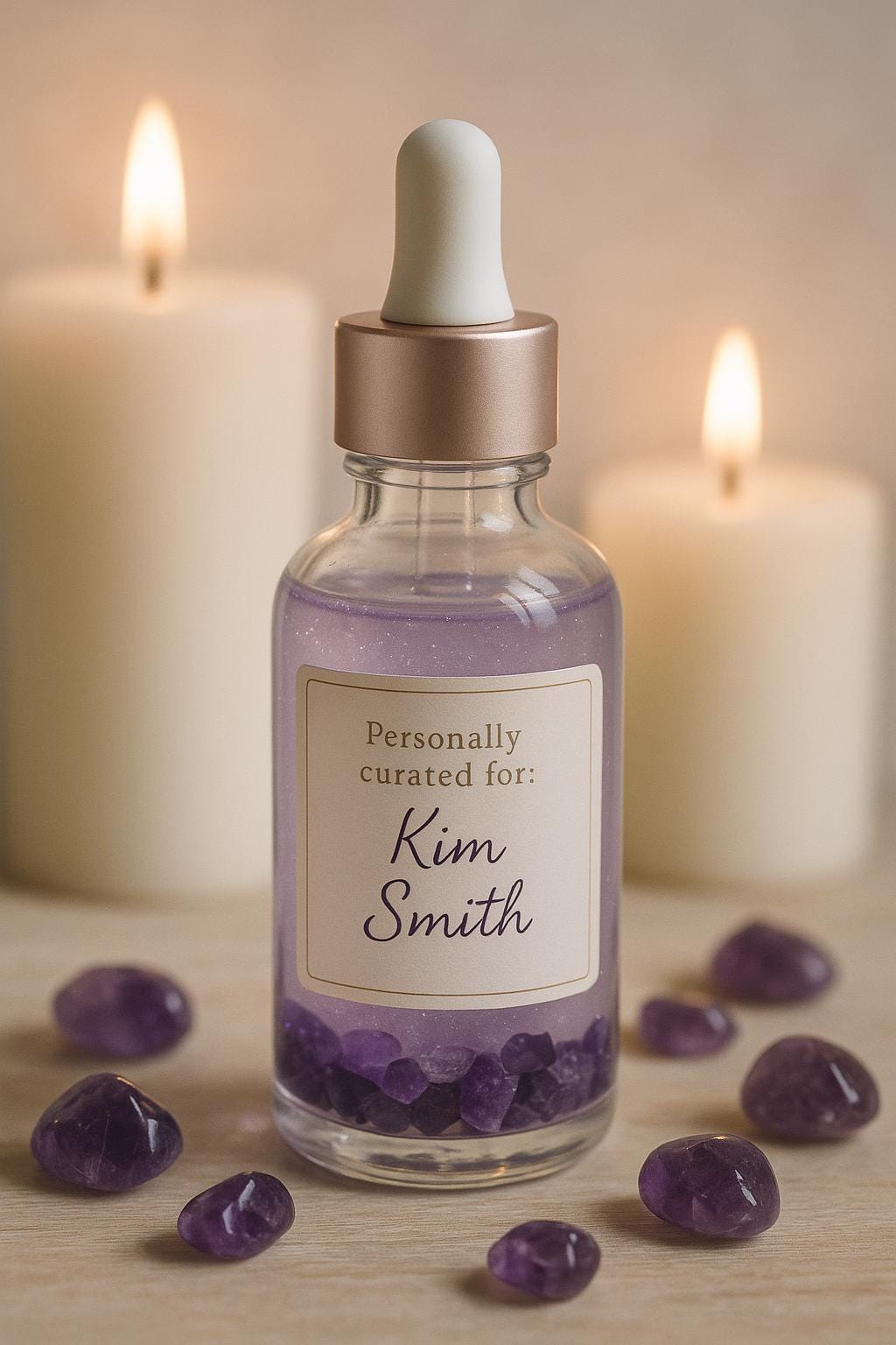 May include: A clear glass bottle with a white dropper and a rose gold cap, filled with a shimmering purple liquid and amethyst stones. The label reads "Personally curated for: Kim Smith." Two lit candles and amethyst stones surround the bottle.